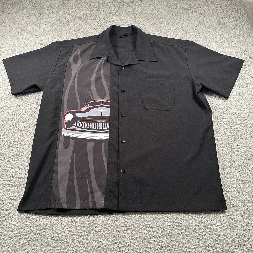 Steady Men's Casual Button Down Bowling Shirt XL Black‎ Flames Car Print
